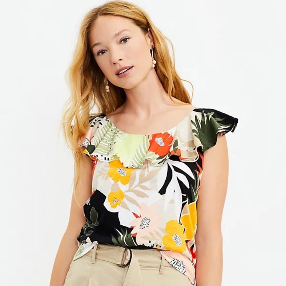 LOFT Floral Ruffle Short Sleeve Top in Black, Yellow, Green, Orange